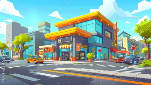 Supermarket with cars parked at the entrance. Cartoon modern urban landscape with bridge road, transportation parked near large store with cafe and entertainment. Hypermarket facade with cars. photo
