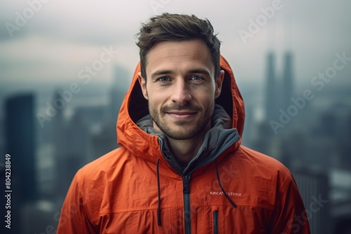 Portrait of a satisfied man in his 30s wearing a lightweight packable anorak in stunning skyscraper skyline photo