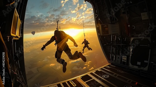 Skydiving: As the plane door opens, skydivers leap into the vast sky, experiencing the thrill of freefall before their parachutes deploy, guiding them safely to the ground photo