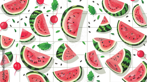 Fototapeta Naklejka Na Ścianę i Meble -  Board with slices of ripe watermelon radishes on white