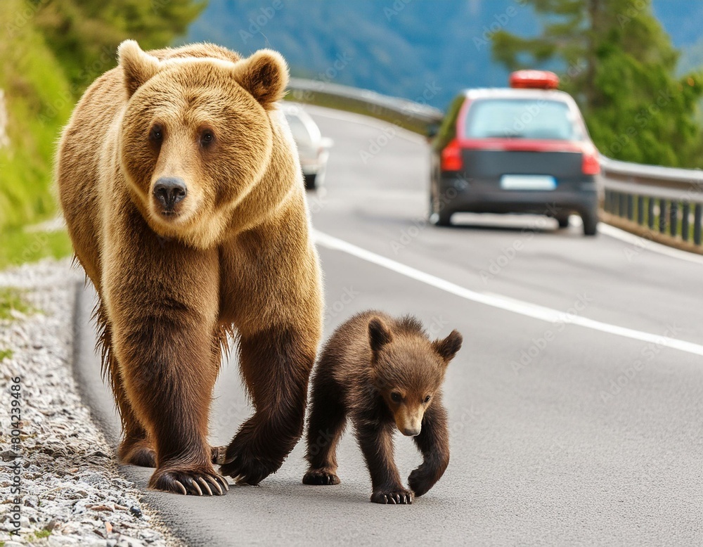 Obraz premium Brown bear with cubs walking on a street