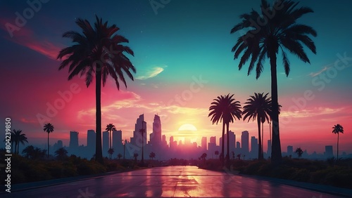 sunset in the city Synthwave Sunset Retro-futuristic Cityscape © Dove