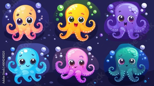 Modern illustration collection of swimming adorable baby kraken with tentacles. Cute funny cartoon character set with different emotions and emotions.