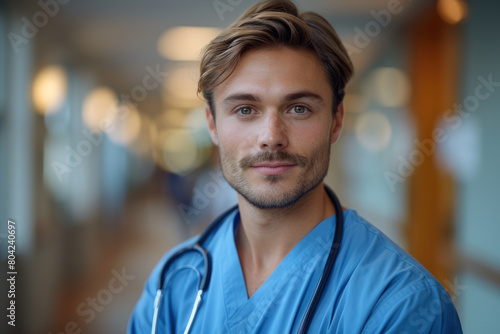 Portrait of a dedicated doctor in blue scrubs with a stethoscope, blurred hospital setting.. AI generated.