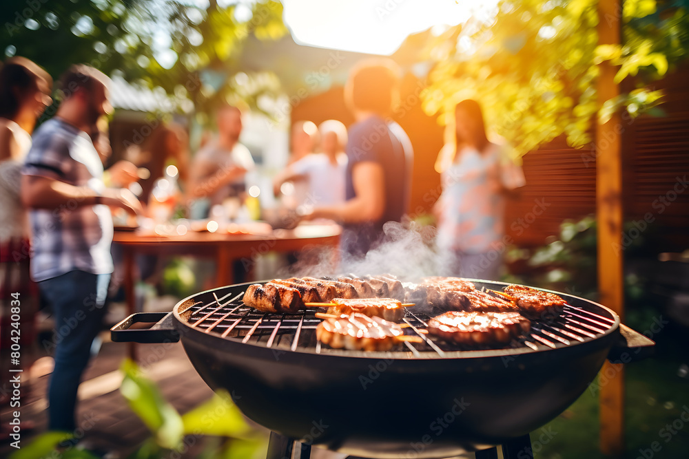 Φωτογραφία Cooking meat on barbecue grill at summer party and blurred lots of friends in background, birthday party of happy family outdoors celebrating