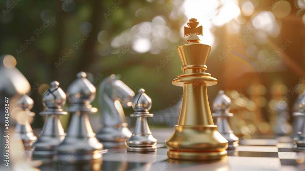 Golden chess king standing face to face with silver chess on bokeh background