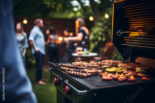 Group of friends having party outdoors. Focus on barbecue grill with food.