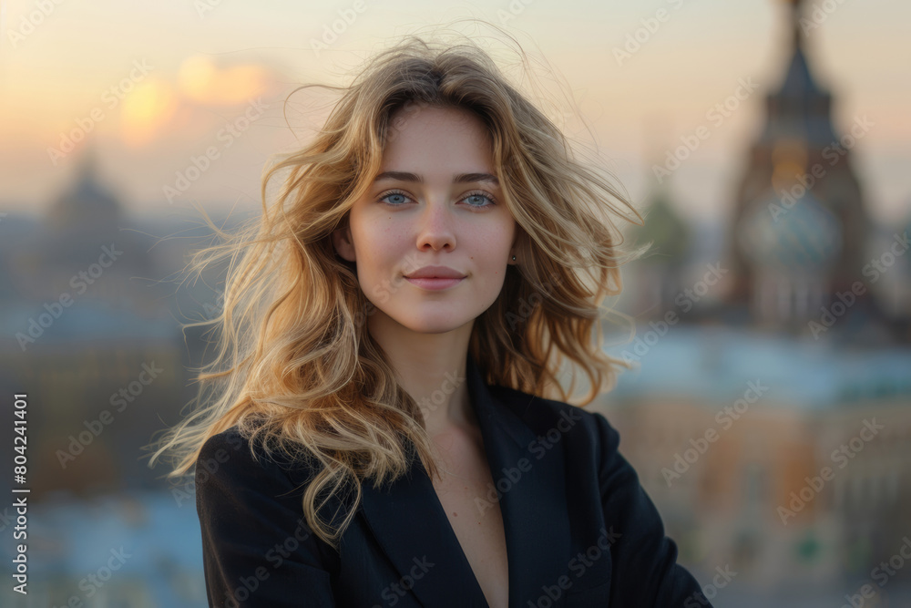 Self-assured female corporate leader in elegant suit, blurred urban skyline in the background. AI generated. Self-assured female corporate leader in elegant suit, blurred urban skyline in the background. AI generated.