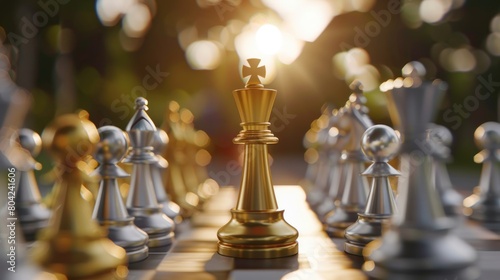 Golden chess king standing face to face with silver chess on bokeh background photo