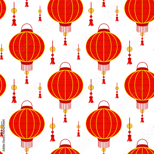 Pattern is a Chinese red paper lantern with tassels, reminiscent of cultural wealth and a festive atmosphere. A festive festival. Oval lanterns with amulets, tassels and gold. The Moon Festival