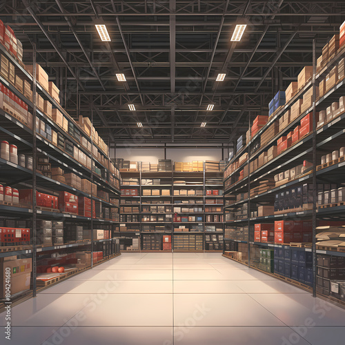 The image captures the essence of a thriving supply chain, showcasing fully stocked warehouse shelves ready for distribution. The warehouse is filled with neatly arranged boxes and crates,