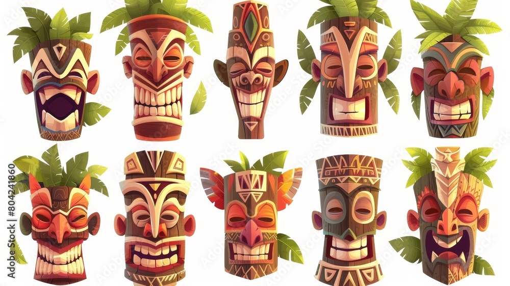 Masks of tiki with toothy teeth, isolated on white background. Cartoon illustration of tribal wooden totems with traditional Hawaiian or Polynesian attributes. Masks of tiki with toothy teeth, isolated on white background. Cartoon illustration of tribal wooden totems with traditional Hawaiian or Polynesian attributes.