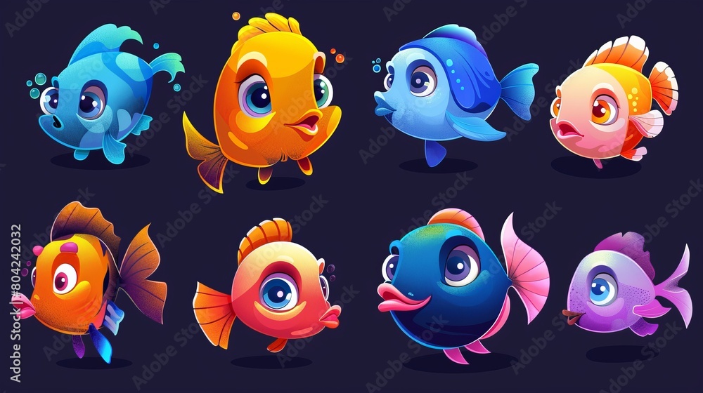 Cartoon fish with fins and smiling lips. Modern illustration of sea or ocean animal characters. Aquarium or marine underwater creature collection. Aquatic bottom species habitats. Cartoon fish with fins and smiling lips. Modern illustration of sea or ocean animal characters. Aquarium or marine underwater creature collection. Aquatic bottom species habitats.