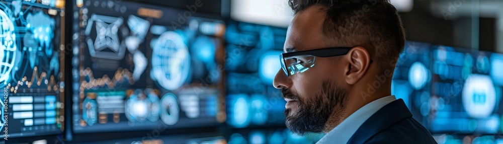 A man wearing glasses is looking at a computer screen. He is surrounded by blue screens with data and graphs. A man wearing glasses is looking at a computer screen. He is surrounded by blue screens with data and graphs.