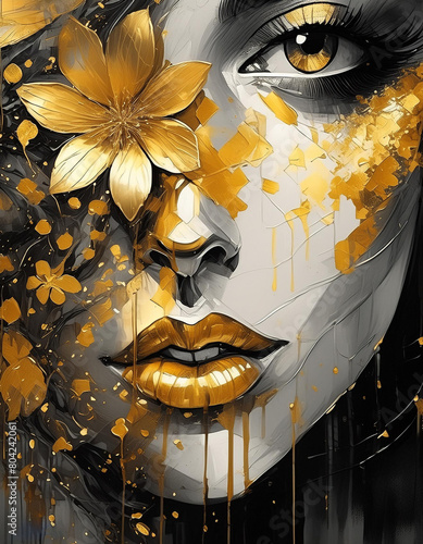 Wallpaper image of a beautiful woman's face among golden flowers. black and gold image. poster art with a girl. Generated AI