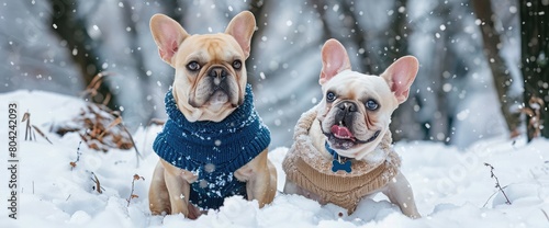 Couple dog breed French bulldog white and fawn color in blue sweater in winter playing in the snow, animals in cold