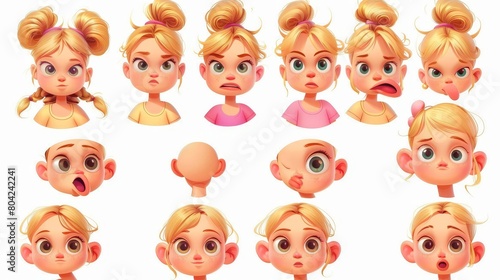 An animated set featuring pigtails and a variety of lip positions that a little female child uses to pronounce English alphabet letters with pigtails. photo