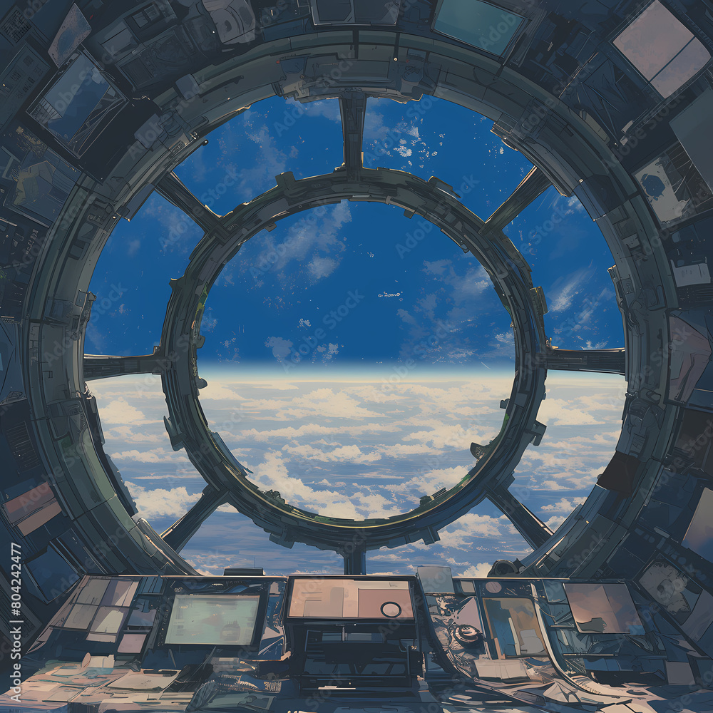Spectacular Space Station View: Awe-Inspiring Window Gazing at Blue Planet and Clouds with Advanced Technology in Background