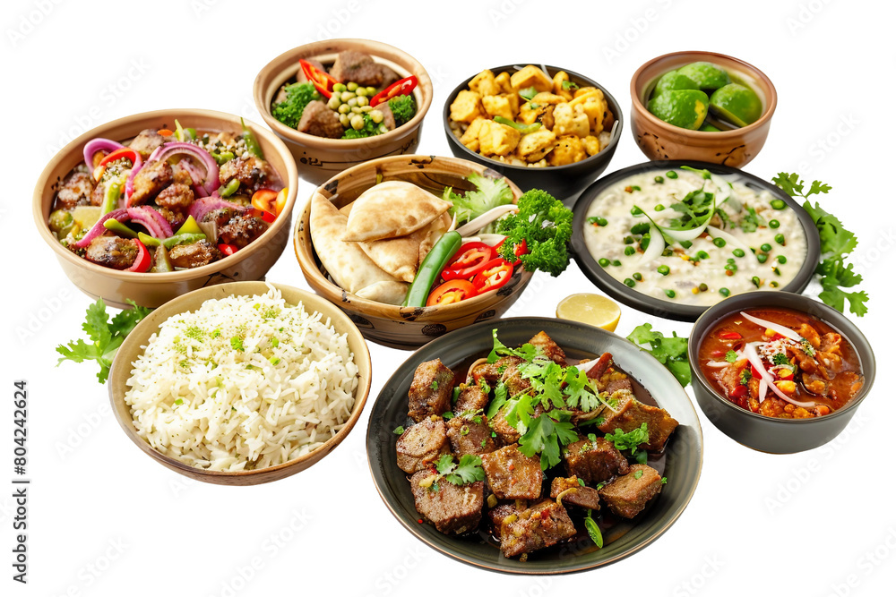 An image showcasing a variety of tempting Afghani dishes in colorful bowls