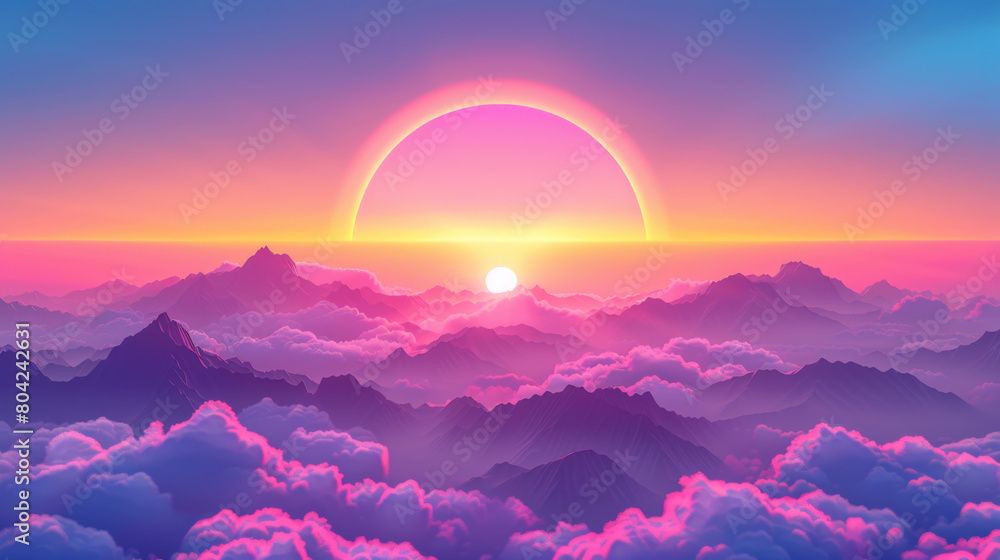 A stunning digital artwork of a vibrant sunrise over cloud-covered mountains with a soft gradient sky.