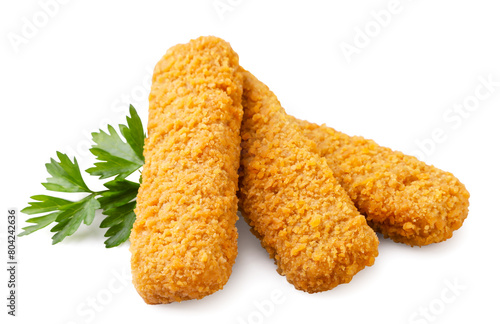 Fish fingers and parsley leaf on a white background. Isolated