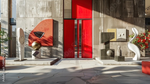A modern art gallery entrance with a bold red door and abstract sculptures