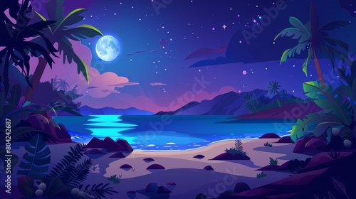 Cartoon modern seaside landscape with calm seawater  sand  stone  palm trees with coconuts  rocky mountains  dark blue sky  clouds  moon  and stars.