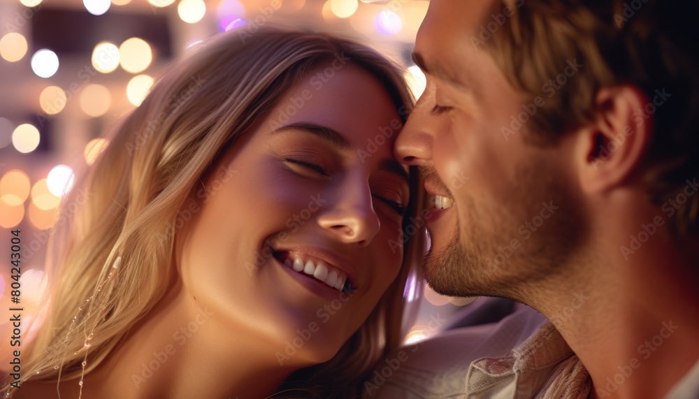 Young couple is smiling and hugging in the dimly lit room with fairy lights in the background. Young couple is smiling and hugging in the dimly lit room with fairy lights in the background.