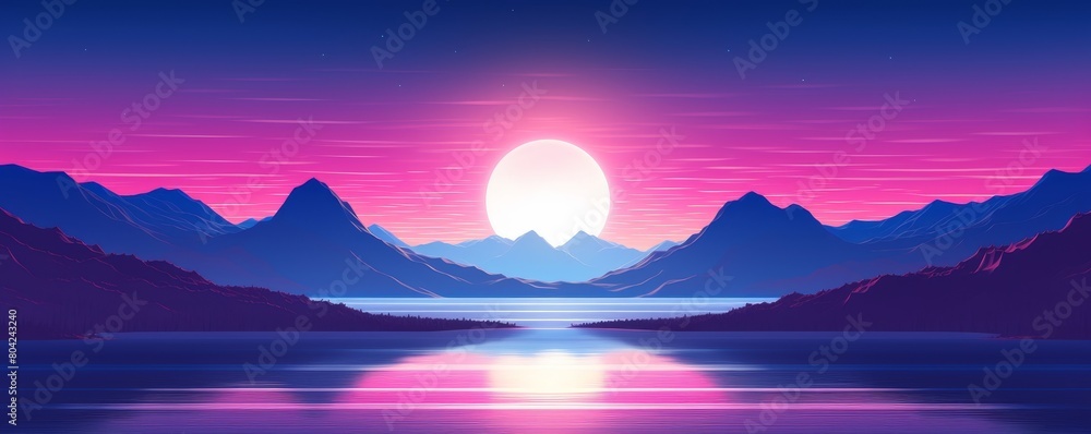 The image is a beautiful landscape of a mountain range at sunset