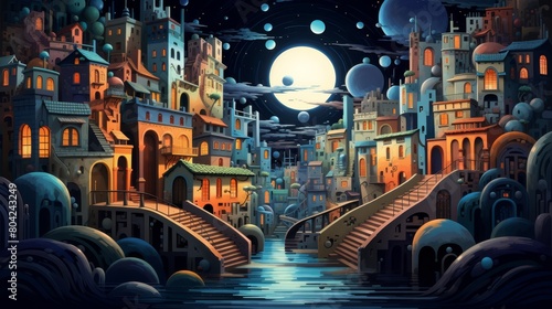 The image is a painting of a cityscape at night