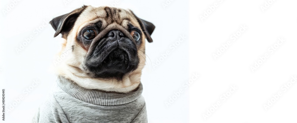 Cute dog pug breed wearing shirt smile making funny and serious face feeling confused and happiness isolated on white background with copy space,Animal Friendly Concept