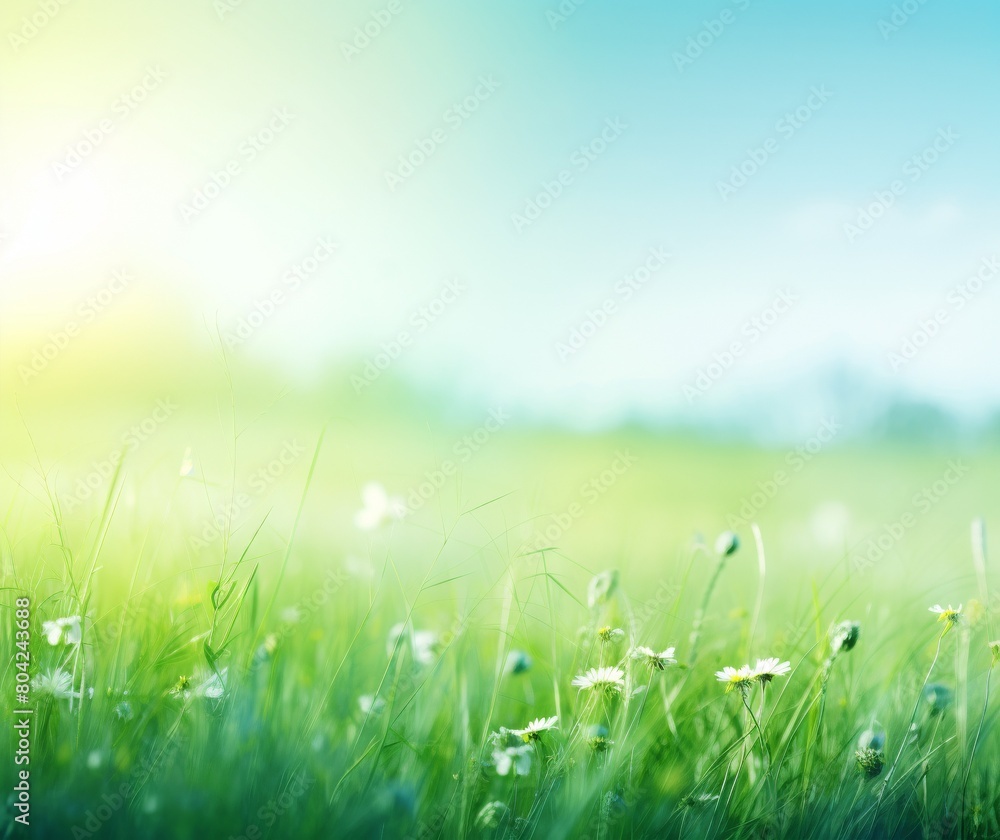 Serene Spring Meadow with Fresh Green Grass and Daisies at Sunrise Serene Spring Meadow with Fresh Green Grass and Daisies at Sunrise