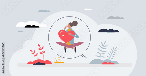 Morning affirmations for self esteem and acceptance tiny person concept. Start your day with good vibes, optimistic attitude and inspirational mindset vector illustration. Meditation and yoga therapy