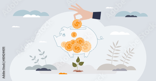 Nonprofit fundraising as financial support donation tiny person hands concept. Saving money in piggy bank for humanitarian campaign as gift for poor social group vector illustration. Contribution aid