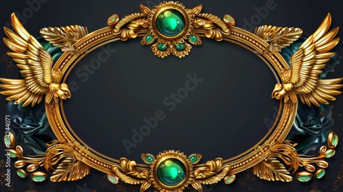 Ancient egyptian ui game frame. Emerald and scarab wings ornament border of pharaoh treasure. Metal divider for mythology antique invitation or 2D app menu. photo