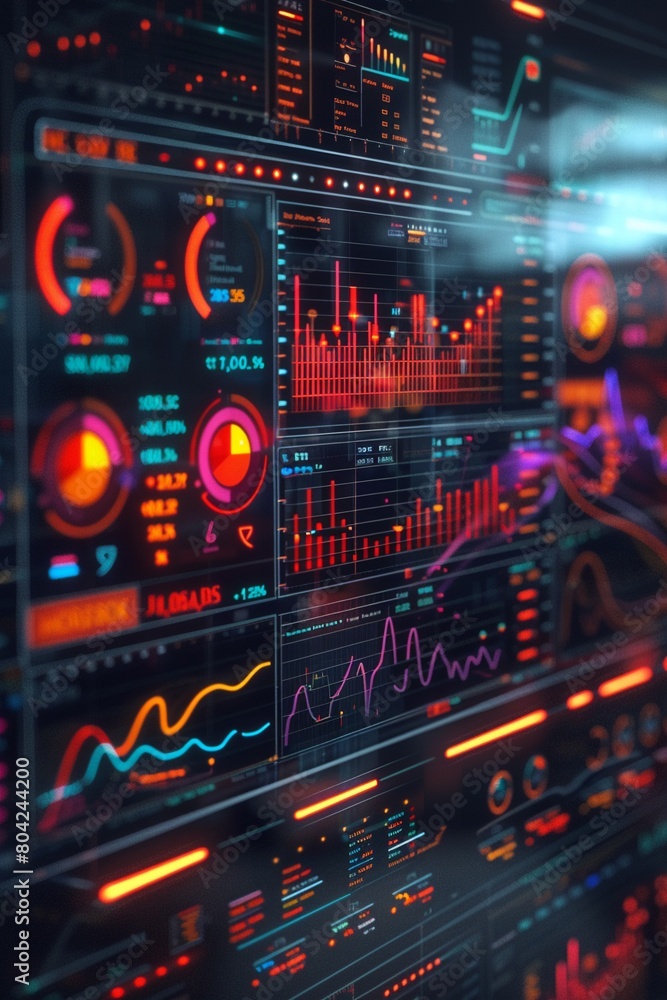 A high-tech data visualization display featuring vibrant global economic trends on a futuristic interface A high-tech data visualization display featuring vibrant global economic trends on a futuristic interface