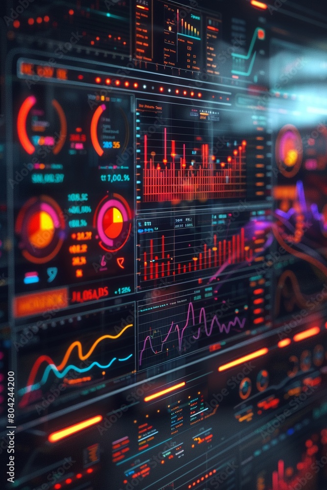 A high-tech data visualization display featuring vibrant global economic trends on a futuristic interface