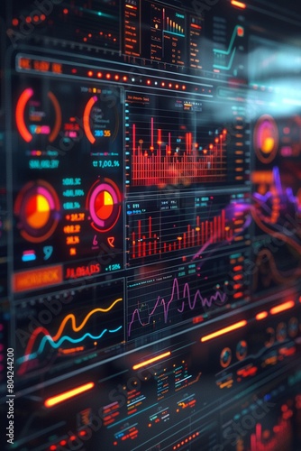 A high-tech data visualization display featuring vibrant global economic trends on a futuristic interface