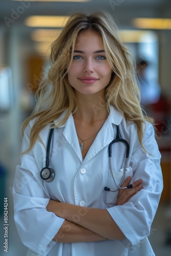 A female doctor in a white ...