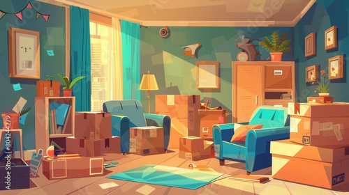 In this cartoon modern illustration, the dwelling is with belongings in carton packaging that are ready to move to a new home or to be transferred to a new location. photo