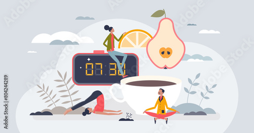 Morning routines as activities after waking up from sleep tiny person concept. Alarm clock, healthy breakfast, coffee drinking and morning yoga ritual for body and mind wellness vector illustration. © VectorMine