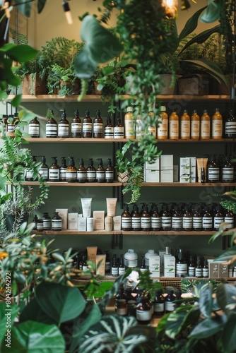 Boutique store shelf with natural beauty products