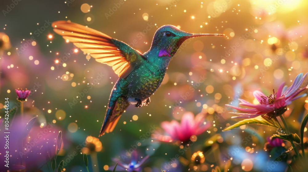 Obraz premium Magical scene of a hummingbird in flight, hovering over colorful flowers under a twilight sky lit by sparkling lights.