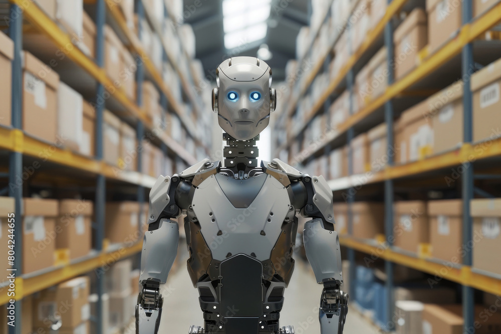 Modern robot with humanoid features stands ready to assist in a warehouse filled with shelves of boxed goods, symbolizing the future of automation in logistics and inventory management