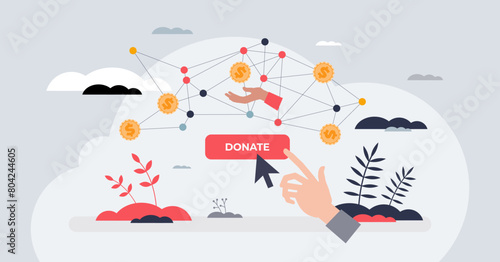 Online fundraising campaign for money donation tiny person hands concept. Economical assistance and social aid for poor people vector illustration. Charity activity using internet website or app.