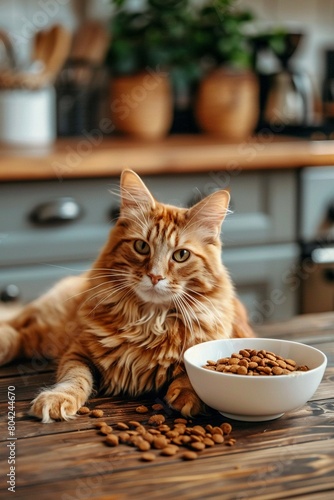 Majestic orange tabby cat lying next to a bowl of cat food