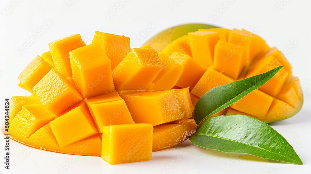 Ripe mango with sections cut into cubes fresh green leaves