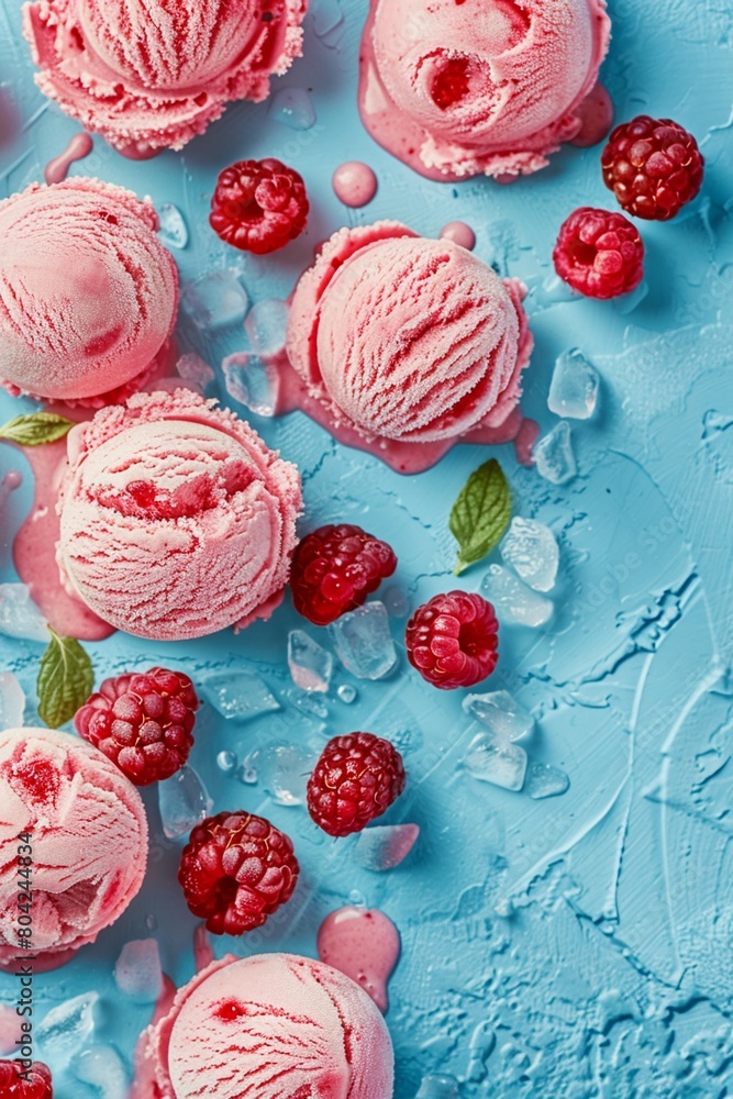Scoops of pink raspberry ice cream with fresh berries scattered around Scoops of pink raspberry ice cream with fresh berries scattered around