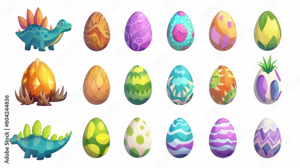 A set of cartoon modern illustrations depicting colorful and decorated Easter icons. A childish Jurassic period animal fairytale oval nest egg. A set of cartoon modern illustrations depicting colorful and decorated Easter icons. A childish Jurassic period animal fairytale oval nest egg.
