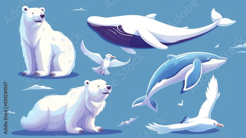 The north pole animals have been drawn in cartoon modern illustration style. The cartoon illustration set includes a white bear, a brown wolverine, a blue whale, and a large albatross or seagull. photo